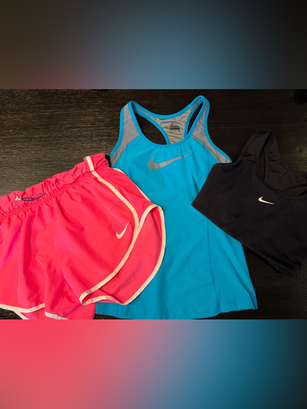Nike Pink Shorts, Blue Tank, Black Sports Bra Active Wear size small